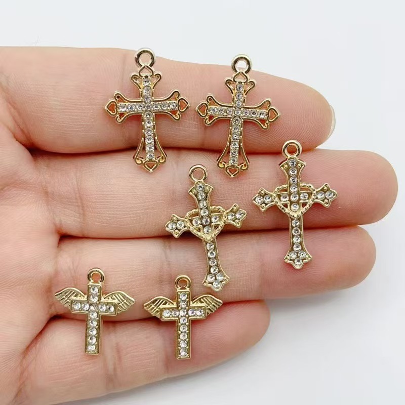 Cross Pendant Necklace Gold - 10pcs Diamond studded Gold Cross Alloy