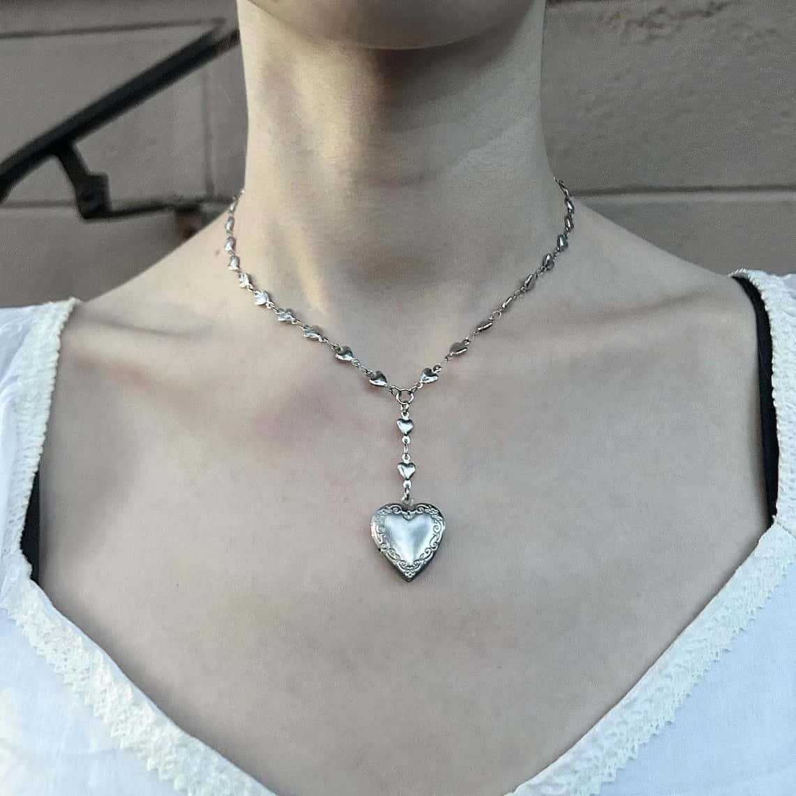 Heart Locket Necklace Photo - Rosary Lariat Chain Necklace with Heart