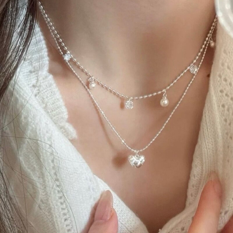 Layered Pendant Necklace Aesthetic - Double Layer Silver Bead Choker Tiny