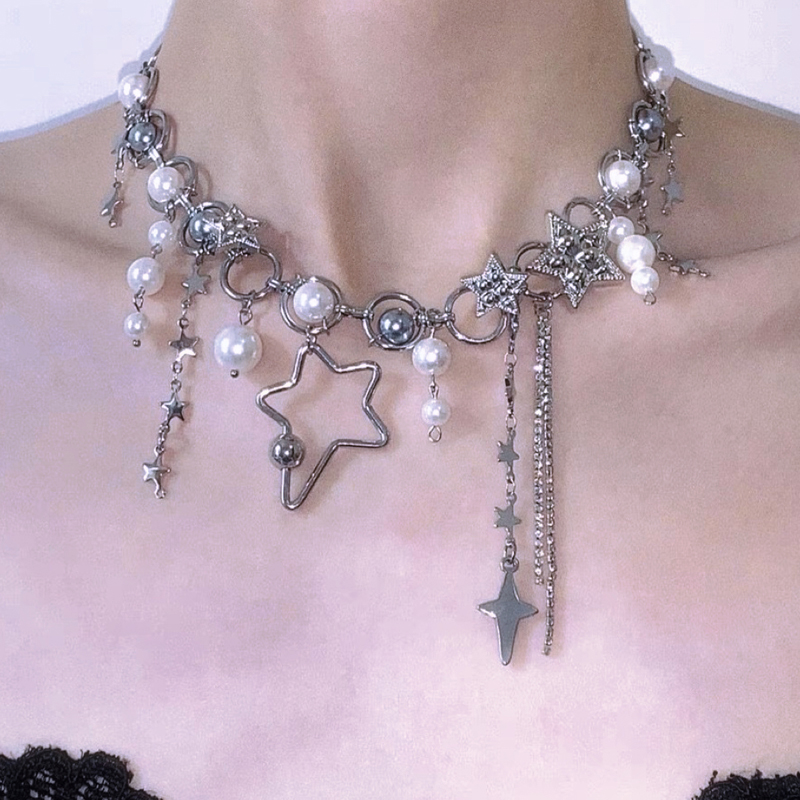 Pearl Choker Necklace Vintage - Y2K Jewelry Pearl Splicing Star Chains