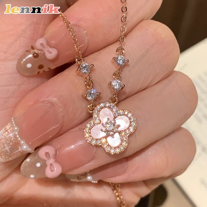 Layered Pendant Necklace Aesthetic - Pink Shell Necklace, Four Leaf Clover
