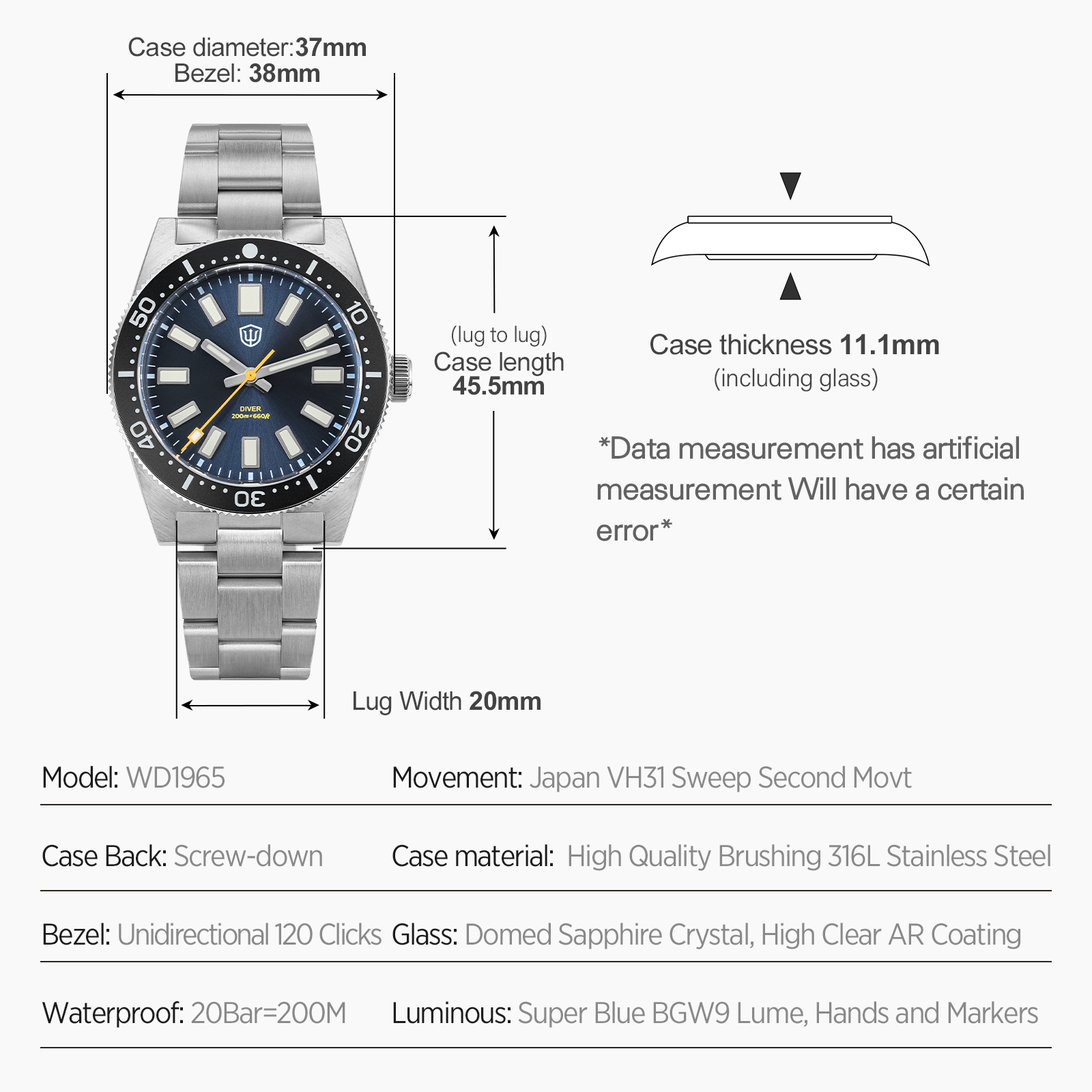 Watchdives 37Mm WD1965 V2 Man  - đánh giá và giá Watch Accessories