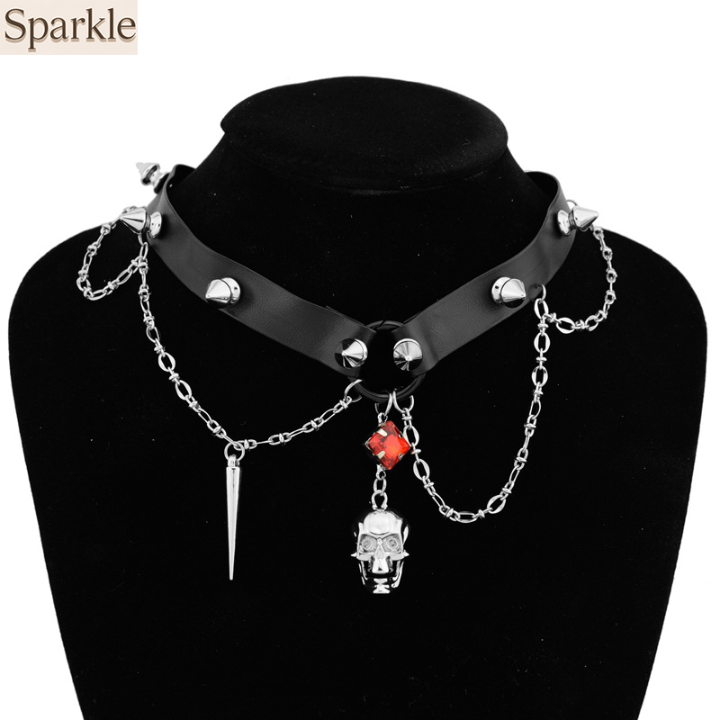 Dark Skull Leather Choker, Y2K - đánh giá và giá Goth Punk Spike Choker