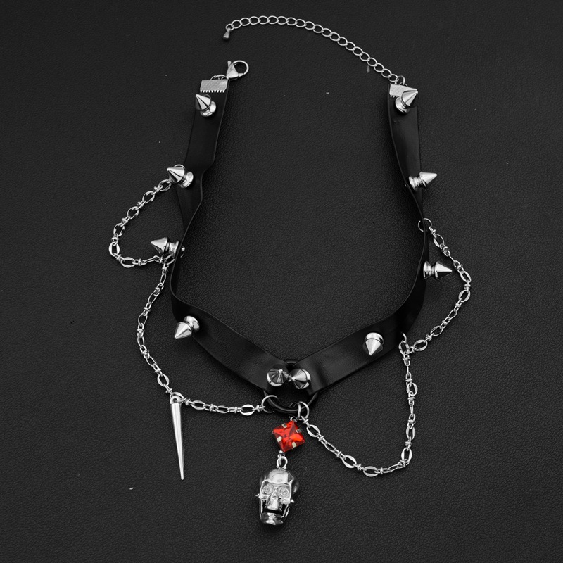 Dark Skull Leather Choker, Y2K - đánh giá và giá Goth Punk Spike Choker