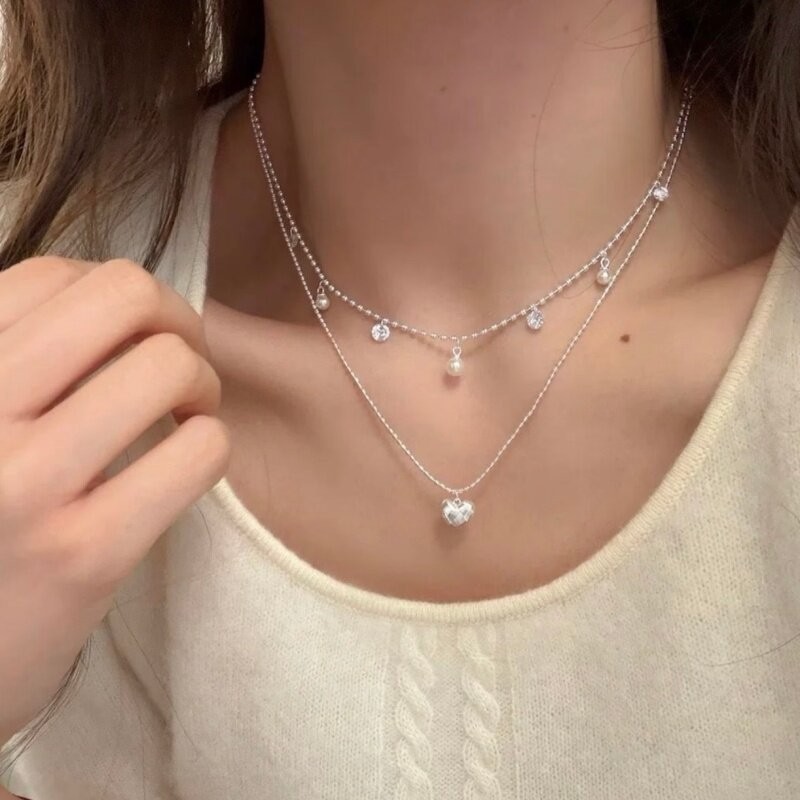 Double Layer Silver Bead Choke - đánh giá và giá Layered Pendant Necklace Aesthetic