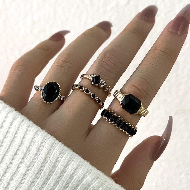 Retro Black Crystal Stone Ring - đánh giá và giá Vintage Punk Knuckle Rings Set